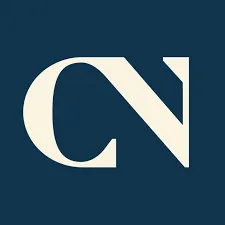 A blue and white logo of the letter c