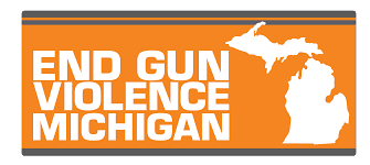 End Gun Violence Michigan logo, orange background.